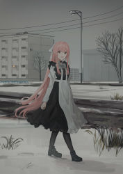 Rule 34 | 1girl, :d, apron, arms at sides, black dress, black footwear, black pantyhose, boots, bow, brown eyes, building, chihuri, cloud, cloudy sky, day, dress, footwear bow, frilled apron, frills, grey sky, hair between eyes, hair ribbon, highres, juliet sleeves, lamppost, long hair, long sleeves, looking at viewer, open mouth, original, outdoors, overcast, pantyhose, pink hair, ponytail, power lines, puffy sleeves, ribbon, shirt, sky, sleeveless, sleeveless dress, smile, snow, solo, very long hair, waist apron, white apron, white bow, white ribbon, white shirt, yana (chihuri)