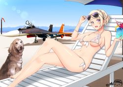 Rule 34 | ace combat, ace combat 7, aircraft, airplane, bare shoulders, bikini, blonde hair, blue eyes, blush, braid, breasts, character request, choker, cocktail, cocktail glass, collarbone, crossed legs, cup, drinking glass, fighter jet, jet, jpeg dog, lens flare, medium breasts, military, military vehicle, navel, ppshex, rosa cossette d&#039;elise, see-through, short hair, sunglasses, swimsuit, toes, vehicle request