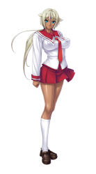 Rule 34 | 1girl, breasts, cara the blood lord, kagami hirotaka, large breasts, lilith-soft, long hair, looking at viewer, marika krishna, ponytail, school uniform, simple background, solo, uniform, very long hair, white background