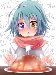 Rule 34 | 1girl, blush, breasts, eyes visible through hair, flag, food, green hair, hair between eyes, heterochromia, long sleeves, medium breasts, nose blush, original, plate, ponytail, purple eyes, rebecca arcane, red scarf, scarf, solo, sparkling eyes, suterii, triangle mouth, upper body, white flag, yellow eyes