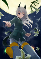Rule 34 | 1girl, animal ears, bad id, bad pixiv id, card, catocala, cloud, eila ilmatar juutilainen, flower, full moon, grey hair, lily (flower), long hair, looking at viewer, moon, night, outstretched arm, pantyhose, purple eyes, solo, star (sky), strike witches, striker unit, tail, world witches series