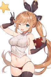 Rule 34 | 1girl, ;d, aqua eyes, arm up, armpits, black gloves, black ribbon, black thighhighs, blush, book, breasts, brown gloves, brown hair, brown ribbon, brown sweater, brown thighhighs, clarisse (granblue fantasy), commentary request, cowboy shot, elbow gloves, gloves, gluteal fold, granblue fantasy, groin, hair between eyes, hair ribbon, highres, hip bones, holding, holding book, long hair, looking at viewer, medium breasts, navel, no pants, one eye closed, open mouth, panties, ponytail, red panties, ribbed sweater, ribbon, rikoma, side ponytail, sideboob, simple background, skindentation, sleeveless, sleeveless sweater, sleeveless turtleneck, smile, solo, star (symbol), stomach, sweater, swept bangs, thighhighs, turtleneck, turtleneck sweater, underwear, v, very long hair, white background, white sweater