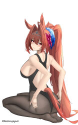 Rule 34 | 1girl, absurdres, animal ears, antenna hair, ass, baozouyeguai, black one-piece swimsuit, black pantyhose, blush, bow, breasts, closed mouth, commentary, daiwa scarlet (umamusume), fang, feet, from behind, hair bow, hair intakes, hair ornament, hands on own ass, highres, horse ears, horse girl, horse tail, large breasts, long hair, looking back, one-piece swimsuit, pantyhose, pantyhose under swimsuit, red bow, red eyes, red hair, seiza, sideboob, simple background, sitting, skin fang, solo, swimsuit, tail, tiara, twintails, twitter username, umamusume, very long hair, white background