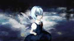 Rule 34 | 1girl, aqua eyes, bad id, bad pixiv id, blue dress, blue eyes, blue hair, cirno, dise (psychoro), dress, embodiment of scarlet devil, expressionless, fairy, fairy wings, female focus, hands on own hips, ice, ice wings, looking at viewer, matching hair/eyes, puffy short sleeves, puffy sleeves, short sleeves, solo, touhou, wings