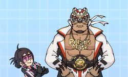 Rule 34 | 1boy, 1girl, animal ears, bara, bare pectorals, bear ears, character request, cowboy shot, dark-skinned male, dark skin, deformed, facial hair, fake animal ears, goatee, holding, holding microphone, jewelry, large belt, live a hero, long coat, microphone, muscular, muscular male, navel, necklace, pectorals, polaris mask (live a hero), pout, sdz (inazuma), wrestling mask, wrestling outfit