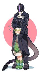 Rule 34 | 1boy, 1girl, bad id, bad pixiv id, black coat, black gloves, blush, bondrewd, boots, coat, collared coat, full body, gloves, green hair, hand on another&#039;s head, headpat, heart, helmet, made in abyss, multicolored hair, neckerchief, prushka, saiko67, shared clothes, shared coat, smile, standing, tail, white hair