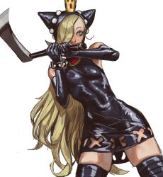 Rule 34 | 1girl, axe, black thighhighs, blonde hair, blue eyes, breasts, crown, dress, elbow gloves, gloves, hair over one eye, highres, holding, holding axe, hood, hood up, hooded dress, leather, leather dress, leather gloves, long hair, mario (series), mario power tennis, mario tennis, mini crown, mossacannibalis, nintendo, short dress, small breasts, solo, standing, thighhighs, warupeach, white background