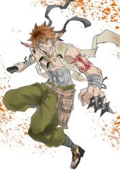 Rule 34 | 1boy, abs, aged up, bad id, bad pixiv id, baggy pants, bandages, between fingers, brown hair, full body, grandia, grandia i, hamagurihime, headband, highres, holding, jumping, male focus, pants, pointy ears, rapp (grandia), short hair, solo, tattoo, very short hair, weapon