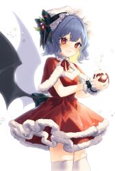 Rule 34 | 1girl, bat wings, black thighhighs, black wings, christmas, christmas ornaments, closed mouth, cowboy shot, dress, hair between eyes, hat, highres, mob cap, mokokiyo (asaddr), purple hair, red dress, red eyes, remilia scarlet, santa costume, short hair, simple background, solo, thighhighs, touhou, white background, white hat, wings