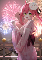 Rule 34 | 1girl, 35p (sakura miko), :d, absurdres, aerial fireworks, cat mask, fireworks, green eyes, hand fan, highres, holding, holding fan, hololive, japanese clothes, kimono, mask, mask on head, nyan (reinyan 007), open mouth, paper fan, pink hair, pink kimono, sakura miko, smile, solo, twintails, uchiwa, virtual youtuber