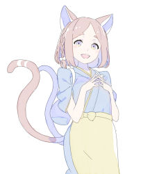Rule 34 | 1girl, :d, animal ears, apron, blush, bow, braid, brown hair, cat ears, cat tail, enkyo yuuichirou, fingers together, grey eyes, hair bow, looking at viewer, multiple tails, nekomata, nekomata (youkai hyakki-tan!), open mouth, own hands together, parted bangs, short hair, short sleeves, side braid, smile, solo, standing, tail, two tails, waist apron, white bow, youkai hyakki-tan!