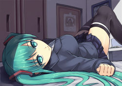 Rule 34 | 1girl, alternate costume, aqua eyes, aqua hair, bedroom, black thighhighs, blazer, blue jacket, book, breasts, closed mouth, closet, door, eyebrows, from above, hair ornament, hatsune miku, highres, indoors, jacket, large breasts, long sleeves, looking at viewer, lying, miniskirt, on back, on bed, open book, pleated skirt, school uniform, shade, skirt, smile, solo, srwsrx (gp03dsrx), thighhighs, twintails, vocaloid, wall