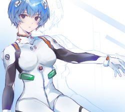 Rule 34 | 1girl, ayanami rei, blue background, blue hair, bodysuit, breasts, closed mouth, gradient background, hair between eyes, headpiece, heremia, highres, neon genesis evangelion, outstretched arm, plugsuit, red eyes, short hair, sitting, small breasts, solo, white background, white bodysuit