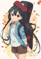 Rule 34 | 1girl, absurdres, autumn leaves, black hair, brown eyes, cowboy shot, dated, errant, hat, highres, instrument case, k-on!, long hair, looking at viewer, motion blur, nakano azusa, shorts, signature, simple background, smile, solo, twintails