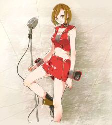 Rule 34 | 1girl, ankle boots, boots, breasts, brown eyes, brown hair, cleavage, crop top, daigoman, detached collar, earrings, jewelry, large breasts, leg up, meiko (vocaloid), microphone, microphone stand, midriff, pencil skirt, short hair, skirt, sleeveless, smile, solo, vocaloid, wrist cuffs