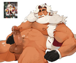 Rule 34 | 1boy, abs, alternate pectoral size, arm hair, bara, bare pectorals, beard, blue eyes, bottomless, camerion camill, chest hair, cookie run, cum, cum on body, cum on legs, cum on penis, cum on stomach, eggnog cookie, erection, facial hair, fur-trimmed jacket, fur trim, hairy, highres, jacket, large pectorals, large penis, leg hair, male focus, mature male, muscular, muscular male, mustache, naked jacket, navel, navel hair, nipples, open clothes, open jacket, pectorals, penis, reference inset, santa costume, short hair, smirk, solo, stomach, thick eyebrows, thick thighs, thighs, uncensored, upper body, white hair