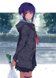 Rule 34 | 1girl, black hairband, blush, casual, dark skin, dark-skinned female, fate/prototype, fate/prototype: fragments of blue and silver, fate (series), hairband, hassan of serenity (fate), long sleeves, looking at viewer, miniskirt, monobe tsukuri, plaid, plaid skirt, purple eyes, purple hair, short hair, skirt, smile, solo