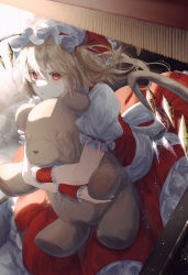 Rule 34 | 1girl, absurdres, back bow, blonde hair, bow, closed mouth, crystal, flandre scarlet, frilled skirt, frilled sleeves, frills, hair between eyes, hat, highres, holding, holding stuffed toy, hugging object, indoors, light particles, looking ahead, medium hair, mob cap, one side up, puffy short sleeves, puffy sleeves, red eyes, red skirt, red vest, shadow, shirt, short sleeves, skirt, skirt set, solo, stuffed animal, stuffed toy, teddy bear, toku kekakewanko, touhou, vest, white bow, white hat, white shirt, wings, wrist cuffs