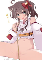 Rule 34 | 1girl, ahoge, animal ears, aqua eyes, arm support, armpit crease, bell, blush, bottomless, bow, brown hair, commentary request, crop top, crossed bangs, detached sleeves, hair bell, hair bow, hair ornament, hand up, head tilt, highres, holding, hololive, japanese clothes, looking at viewer, medium hair, miko, natsuiro matsuri, natsuiro matsuri (new year), navel, obi, official alternate costume, open mouth, pussy, sash, shirogane (platinum), side ponytail, sidelocks, simple background, sitting, sleeveless, stomach, thighs, translation request, virtual youtuber, white background, wide sleeves