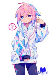 1boy absurdres ahoge artist_logo black_pants black_shirt blue_eyes blush bright_pupils cowboy_shot earbuds earphones heterochromia highres holding holding_earbud holding_phone hood hood_down hoodie logo long_sleeves male_focus notice_lines open_mouth original pants phone pink_eyes pink_hair raito-kun_(uenomigi) shirt sidelocks sideways_glance simple_background solo speech_bubble translation_request trap uenomigi white_background white_hoodie white_pupils