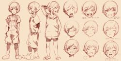 Rule 34 | 1girl, 2equal8, character sheet, child, closed eyes, female focus, grin, hands in pockets, monochrome, open mouth, original, short hair, shorts, sketch, smile, solo, tomboy