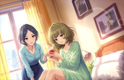 Rule 34 | 2girls, artist request, bed, belt, blue eyes, blue shirt, blue skirt, blush, bracelet, breasts, brown hair, cleavage, collarbone, cup, curtains, earrings, fringe trim, green eyes, hayami kanade, heterochromia, highres, idolmaster, idolmaster cinderella girls, idolmaster cinderella girls starlight stage, indoors, jewelry, lamp, looking at another, medium breasts, mole, mole under eye, multiple girls, mysterious eyes (idolmaster), necklace, nightgown, official art, on bed, parted bangs, pillow, plant, pretty liar (idolmaster), shirt, short hair, sitting, skirt, smile, sunlight, takagaki kaede, window, yellow eyes