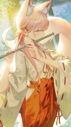 Rule 34 | 1girl, absurdres, animal ear fluff, animal ears, extra ears, flute, fox ears, fox girl, fox tail, hair between eyes, hakama, hands up, highres, holding, holding instrument, instrument, japanese clothes, jung wonjo, kimono, long hair, long sleeves, looking away, music, original, pink hair, playing instrument, red hakama, red ribbon, ribbon, ribbon-trimmed sleeves, ribbon trim, solo, tail, tail raised, white kimono, wide sleeves