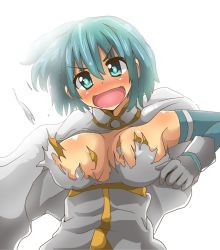 Rule 34 | 10s, 1girl, :d, backlighting, blue eyes, blue hair, blush, breasts, cape, dyson (edaokunnsaikouya), full-face blush, gloves, large breasts, looking at viewer, magical girl, mahou shoujo madoka magica, mahou shoujo madoka magica (anime), matching hair/eyes, miki sayaka, open mouth, short hair, smile, solo, torn clothes, upper body, white background, white gloves