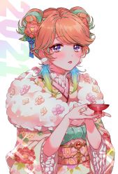 Rule 34 | 1girl, alternate hairstyle, aqua hair, blush, earrings, feather earrings, feathers, frilled sleeves, frills, hair bun, hololive, hololive english, japanese clothes, jewelry, kimono, looking at viewer, mamaloni, multicolored hair, orange hair, purple eyes, simple background, single hair bun, solo, takanashi kiara, tongue, tongue out, two-tone hair, upper body, virtual youtuber, winter clothes