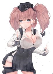 Rule 34 | 1girl, atlanta (kancolle), black skirt, blush, bra visible through clothes, breasts, brown hair, commentary request, earrings, garrison cap, gloves, grey eyes, hat, high-waist skirt, highres, jewelry, k jie, kantai collection, large breasts, long hair, long sleeves, looking at viewer, partially fingerless gloves, shirt, simple background, skirt, solo, star (symbol), star earrings, suspender skirt, suspenders, thigh strap, two side up, white background, white shirt