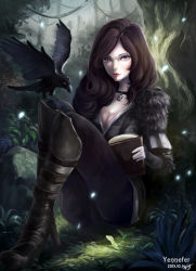 Rule 34 | 1girl, absurdres, airgate116, bird, black footwear, black hair, black pants, book, boots, breasts, choker, cleavage, crow, forest, highres, jewelry, long hair, nature, necklace, pants, pentagram, pentagram pendant, sitting, the witcher (series), the witcher 3, wavy hair, yennefer