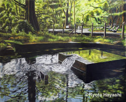 Rule 34 | artist name, bench, bush, colored pencil (medium), commentary request, day, fence, grass, hayashi ryouta, no humans, original, outdoors, park, park bench, path, plant, pond, realistic, reflection, road, rock, ryota884, scenery, sign, sunlight, traditional media, tree, water