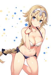 Rule 34 | 1girl, bikini, blonde hair, blue bikini, blue eyes, blush, bow, bracelet, braid, breasts, cleavage, collarbone, commentary request, fate/apocrypha, fate (series), hair between eyes, hair bow, hand on own shoulder, headpiece, highres, hip focus, jeanne d&#039;arc (fate), jeanne d&#039;arc (ruler) (fate), jewelry, kneeling, large breasts, legs, long braid, long hair, looking at viewer, mismatched bikini, navel, simple background, single braid, solo, star (symbol), starry background, swimsuit, thighs, very long hair, white background, white bikini, yuran