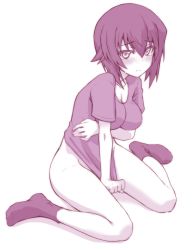 Rule 34 | 10s, 1girl, blush, bottomless, breast hold, breasts, unworn clothes, commentary request, covering privates, full body, girls und panzer, looking at viewer, monochrome, neo niito (neoneet v7), nishizumi maho, no shoes, shirt, shirt tug, short hair, sitting, socks, solo, tearing up, tears, wariza