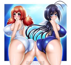 Rule 34 | 10s, 2girls, antenna hair, ass, ass-to-ass, ass press, bare shoulders, black hair, blue eyes, blush, breasts, covered erect nipples, curvy, from behind, hair ribbon, huge ass, huge breasts, kaminashi nozomi, keijo!!!!!!!!, long hair, looking at viewer, looking back, multiple girls, one-piece swimsuit, open mouth, orange hair, ponytail, red eyes, ribbon, sevie, shiny clothes, shiny skin, sideboob, smile, swimsuit, thick thighs, thighs, toyoguchi non, twintails, wide hips