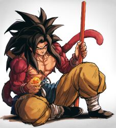 Rule 34 | 1boy, absurdres, biceps, body fur, dragon ball, dragon ball (object), dragon ball gt, highres, looking at viewer, male focus, monkey boy, monkey tail, muscular, muscular male, no nipples, pants, pectorals, red fur, relio db318, ruyi jingu bang, shirt, simple background, smile, solo, son goku, spiked hair, super saiyan, super saiyan 4, tail, torn clothes, torn shirt, veins, veiny hands, yellow pants