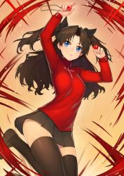 Rule 34 | arms up, black hair, black skirt, black thighhighs, blue eyes, fate/stay night, fate (series), gem, glowing, hair ribbon, highres, jam (nandade), jewelry, long hair, parted bangs, parted lips, pendant, pleated skirt, ribbon, skirt, solo, sweater, thighhighs, tohsaka rin, turtleneck, turtleneck sweater, two side up, zettai ryouiki