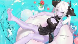 Rule 34 | 1girl, ahoge, bad id, bad pixiv id, barefoot, black nails, black one-piece swimsuit, breasts, character request, cleavage, cleavage cutout, clothing cutout, colored skin, commentary request, commission, crystal (vtuber), daiiichukiii, drinking straw, english text, feet, flower, food, glass, hair between eyes, hand up, highres, holding, holding food, horns, indie virtual youtuber, innertube, leg up, legs, long hair, looking at viewer, lying, medium breasts, nail polish, on back, one-piece swimsuit, petals, popsicle, purple skin, red flower, skeb commission, soles, splashing, swim ring, swimsuit, twintails, very long hair, virtual youtuber, water, white hair, yellow eyes