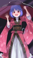 Rule 34 | 1girl, absurdres, black background, bowl, bowl hat, glasses, hands up, hat, highres, japanese clothes, kimono, looking at viewer, obi, open mouth, purple hair, red eyes, sash, short hair, shouting, simple background, sukuna shinmyoumaru, sweatdrop, touhou, usuaji, wide sleeves