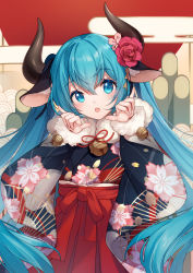 Rule 34 | 1girl, :d, alternate costume, animal ears, bamboo, bell, bison cangshu, black kimono, blue eyes, blue hair, blush, commentary request, cow ears, cow girl, cow horns, egasumi, floral print, fur-trimmed sleeves, fur collar, fur trim, hair between eyes, hakama, hakama skirt, hands up, hatsune miku, highres, horns, japanese clothes, jingle bell, kemonomimi mode, kimono, long hair, long sleeves, looking at viewer, new year, open mouth, print kimono, red hakama, red ribbon, ribbon, seigaiha, skirt, smile, solo, very long hair, vocaloid, wide sleeves