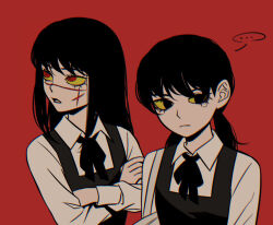 Rule 34 | ..., 2girls, black eyes, black hair, chainsaw man, commentary, cross scar, crossed arms, czy (2894456992), facial scar, fourth east high school uniform, frown, low twintails, mitaka asa, multiple girls, open mouth, red background, red eyes, scar, scar on cheek, scar on face, scar on nose, school uniform, spoken ellipsis, tears, twintails, yoru (chainsaw man)