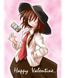 Rule 34 | 1girl, brown eyes, brown hair, can, closed mouth, english text, female focus, ghostly field club, happy valentine, hat, koto (keioteo), necktie, one eye closed, pink background, skirt, solo, touhou, usami renko, wink