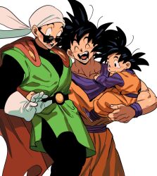 Rule 34 | black eyes, black hair, blush, brothers, cape, carrying, carrying person, dragon ball, embarrassed, father and son, happy, hug, hugging each other, muscular, muscular male, siblings, smile, sunglasses, tagme