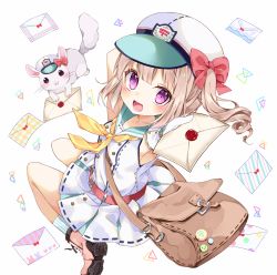 Rule 34 | 1girl, :d, arm behind head, armpits, bag, bare arms, blonde hair, boots, chinchilla (animal), dress, gloves, hat, hat ribbon, highres, holding, japanese postal mark, jumping, letter, looking at viewer, looking back, neckerchief, open mouth, original, pink footwear, purple eyes, ribbon, satchel, short hair, side ponytail, sleeveless, sleeveless dress, smile, socks, solo, striped clothes, striped socks, toma tokage, triangle, wax seal, white background, white gloves, yellow neckerchief