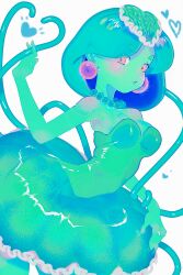 Rule 34 | 1girl, breasts, cleavage, colored skin, dress, earrings, green dress, green hair, green skin, highres, jewelry, looking at viewer, medium breasts, medusa (omori), necklace, omori, ow12714, parted lips, red eyes, solo, tentacles