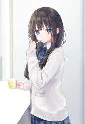 Rule 34 | 1girl, bow, bowtie, brown hair, brushing teeth, cardigan, collared shirt, cup, grey cardigan, highres, holding, holding cup, holding toothbrush, long hair, looking at viewer, looking to the side, original, plaid, plaid bow, plaid bowtie, plaid neckwear, plaid skirt, pleated skirt, purple eyes, rimo, shirt, skirt, solo, standing, toothbrush, toothbrush in mouth, white shirt