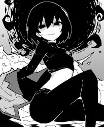 Rule 34 | 1girl, akableak, arms behind back, black eyes, black hair, black hole, black pantyhose, black undershirt, bob cut, breasts, closed mouth, commentary, cropped shirt, empty eyes, english commentary, from side, grey background, hair between eyes, high contrast, highres, knee up, light smile, long sleeves, looking at viewer, looking to the side, midriff, monochrome, monogatari (series), naoetsu high school uniform, narrowed eyes, no pants, open clothes, open shirt, oshino ougi, outline, pale skin, pantyhose, rubble, school uniform, shaded face, short hair, sitting, small breasts, smile, solo, sweat, the darkness (monogatari), turtleneck, undressing, unworn shirt, white outline