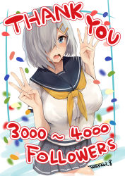 Rule 34 | 1girl, absurdres, artist name, blue eyes, breasts, commentary request, confetti, grey skirt, hair ornament, hair over one eye, hairclip, hamakaze (kancolle), highres, kantai collection, large breasts, looking at viewer, milestone celebration, neckerchief, open mouth, pleated skirt, school uniform, serafuku, short hair, short sleeves, silver hair, skirt, solo, wasavi 8, yellow neckerchief