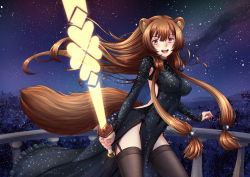 Rule 34 | 1girl, :d, adsouto, animal ears, artist name, backless dress, backless outfit, black dress, black thighhighs, breasts, brown hair, covered navel, dress, floating hair, garter straps, highres, holding, holding sword, holding weapon, large breasts, long hair, long sleeves, looking at viewer, night, night sky, open mouth, outdoors, raccoon ears, raccoon girl, raccoon tail, raphtalia, red eyes, shiny clothes, sidelocks, sky, smile, solo, standing, star (sky), starry sky, sword, tail, tate no yuusha no nariagari, thighhighs, very long hair, weapon