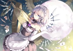 Rule 34 | 1girl, apron, bare shoulders, bespectacled, blue eyes, braid, card, collarbone, dutch angle, elbow gloves, glasses, gloves, izayoi sakuya, knife, looking at viewer, maid, maid apron, maid headdress, playing card, pocket watch, reeh (yukuri130), silver hair, smile, solo, touhou, twin braids, waist apron, watch, white gloves